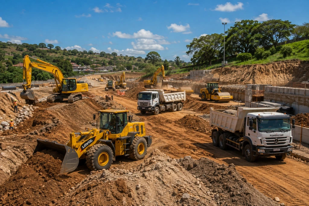 Wheel loader, excavators and tipper trucks on a busy earthworks site