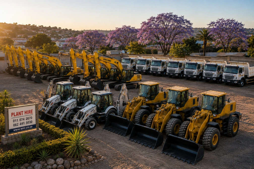 WNR yard with TLBs, wheel loaders, excavators and tipper trucks lined up beside the plant hire sign