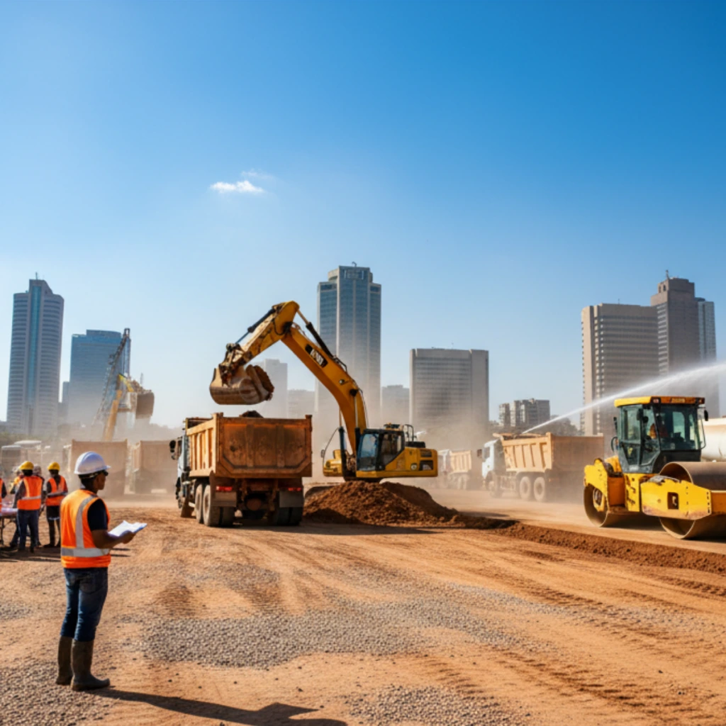 Excavator loading a tipper on a Johannesburg site with a roller and a water truck spraying dust