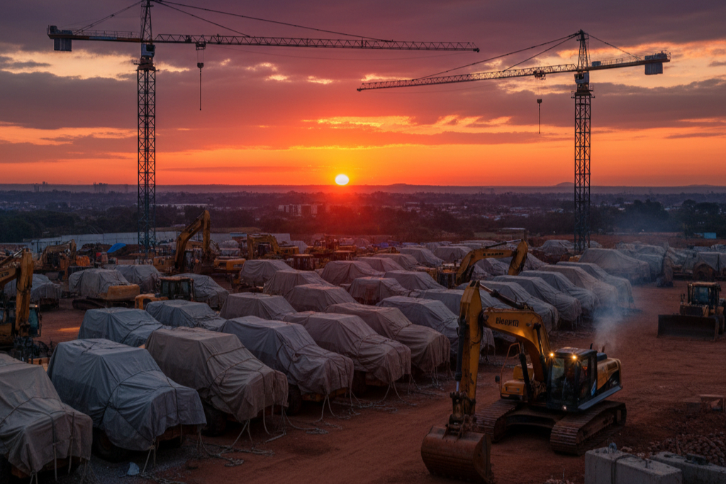 Covered machines parked on a site at sunrise with tower cranes behind