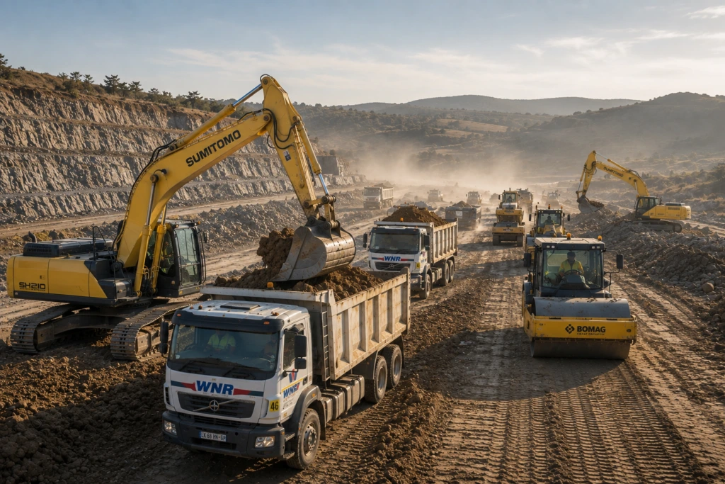 Excavator loading a WNR tipper with a roller working behind