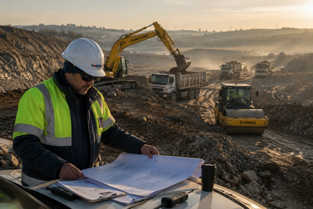 Site manager in a hard hat checking plans with excavators and tippers behind