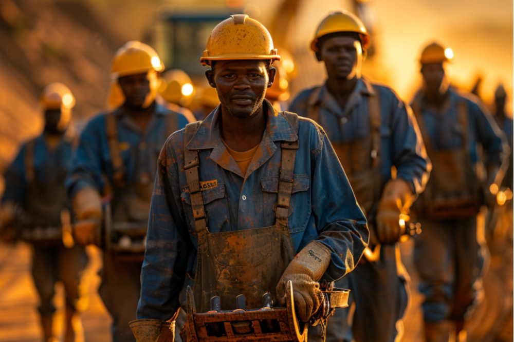 Construction workers in hard hats walking on site at golden hour