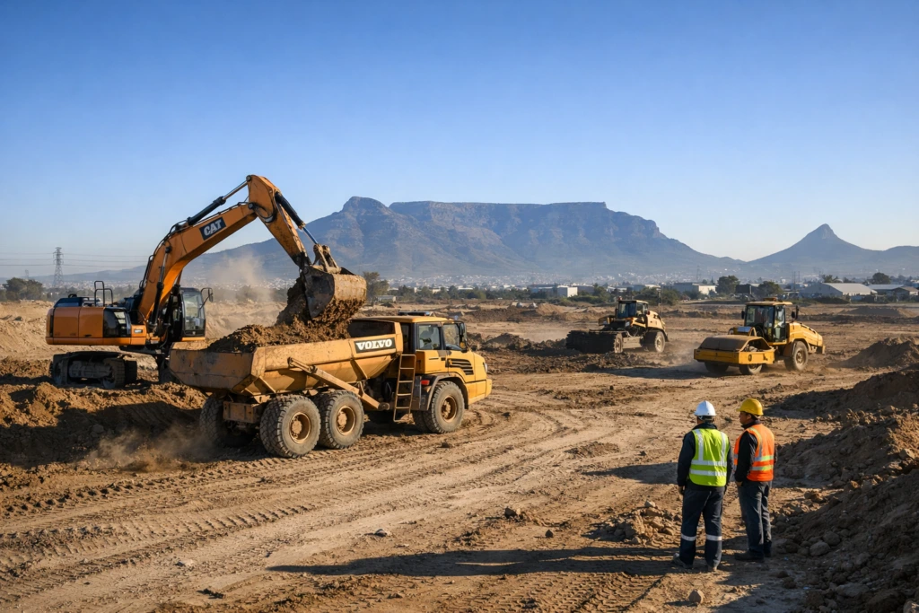 Excavator loading a dump truck on a dry winter site