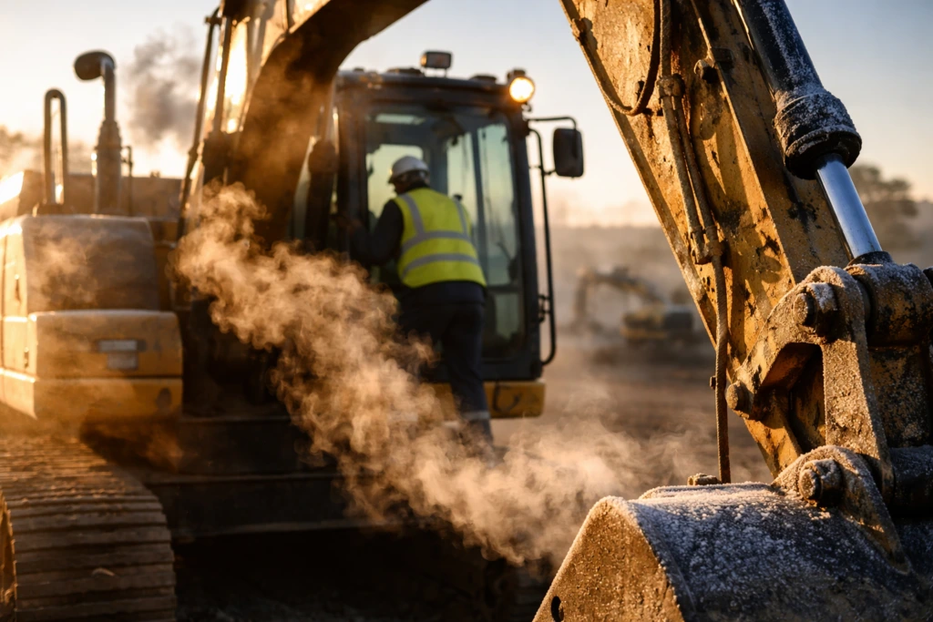 Operator climbing into an excavator cab on a cold morning