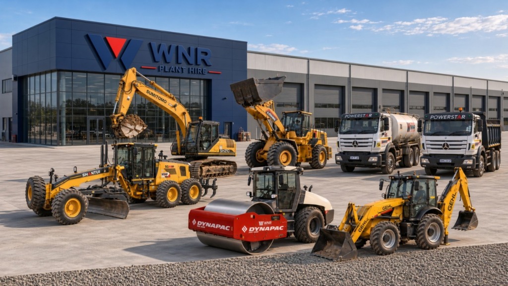 WNR plant hire fleet lined up in front of a WNR-branded building
