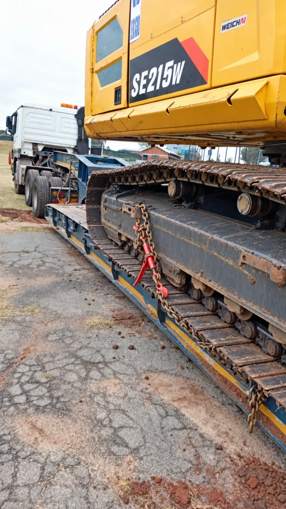 Excavator chained down on a WNR lowbed trailer for transport