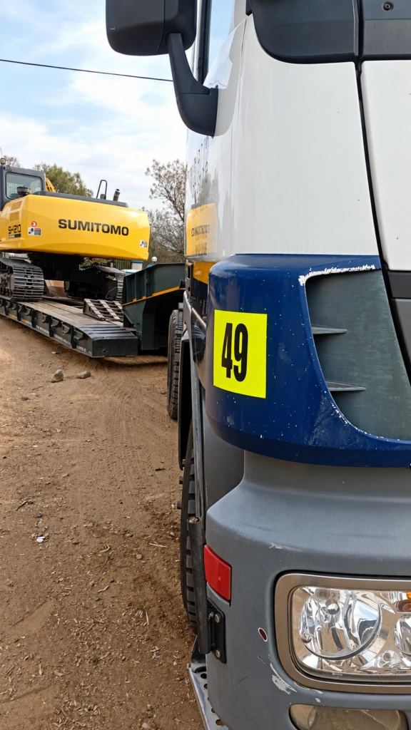 WNR lowbed truck with an excavator loaded behind the cab